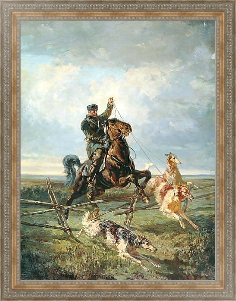 Постер Егерь с тремя борзыми с типом исполнения На холсте в раме в багетной раме 484.M48.310