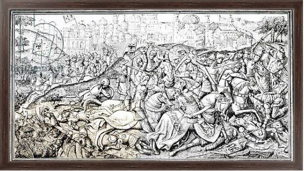 Постер Facsimile of the Conquest of Jerusalem by Charlemagne, from the 'Chroniques de Charlemagne' с типом исполнения На холсте в раме в багетной раме 221-02