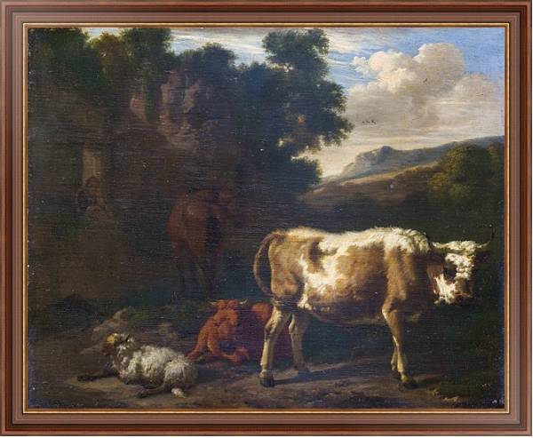 Постер Двое телят, овца и лошадь у руин с типом исполнения На холсте в раме в багетной раме 35-M719P-83