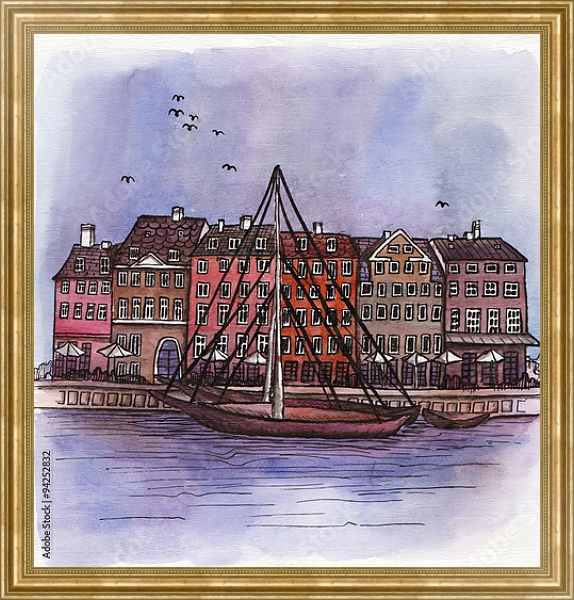 Постер Лодка на канале Амстердама с типом исполнения На холсте в раме в багетной раме NA033.1.051
