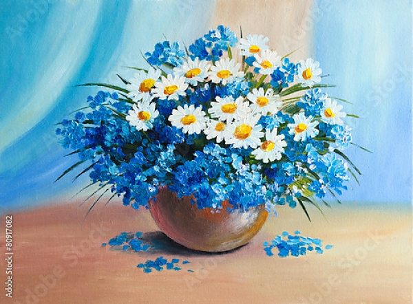Постер Букет голубых весенних цветов в горшочке с типом исполнения На холсте без рамы