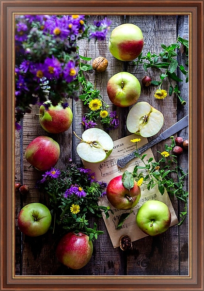 Постер Садовые яблочки, полевые цветы, орехи и ноты на столе с типом исполнения На холсте в раме в багетной раме 35-M719P-83