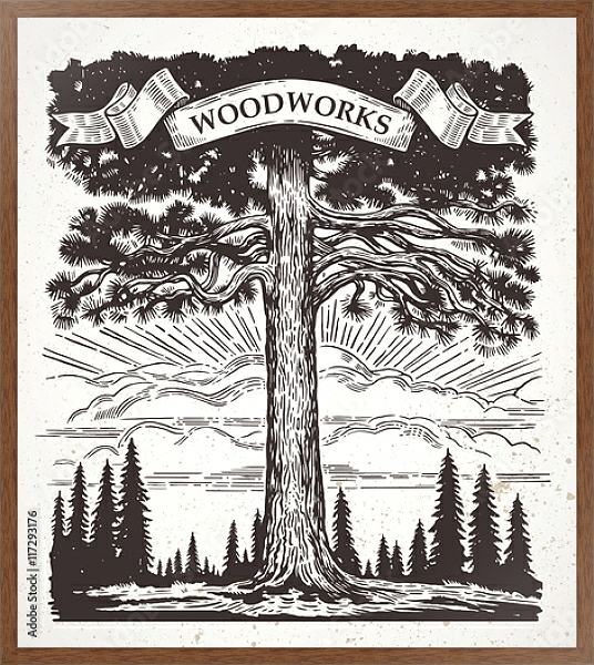 Постер Графически пейзаж с большой сосной и лентой в ветках с типом исполнения На холсте в раме в багетной раме 1727.4310