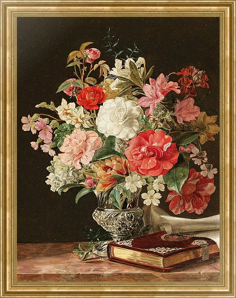 Постер A Bouquet of Flowers with Camellias in a Silver Vase с типом исполнения На холсте в раме в багетной раме NA033.1.051