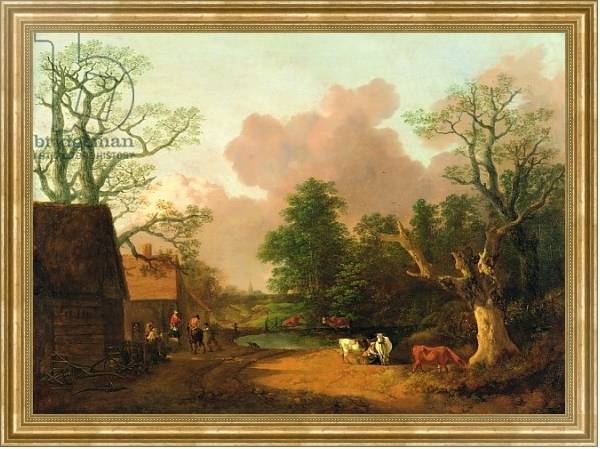 Постер A Landscape with Figures, Farm Buildings and a Milkmaid, c.1754-6 с типом исполнения На холсте в раме в багетной раме NA033.1.051
