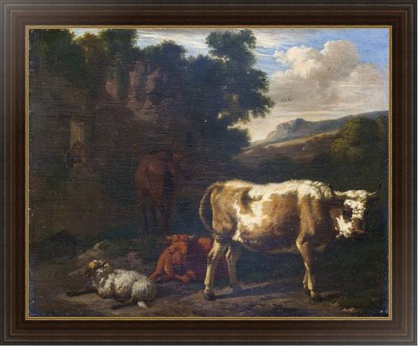 Постер Двое телят, овца и лошадь у руин с типом исполнения На холсте в раме в багетной раме 1.023.151