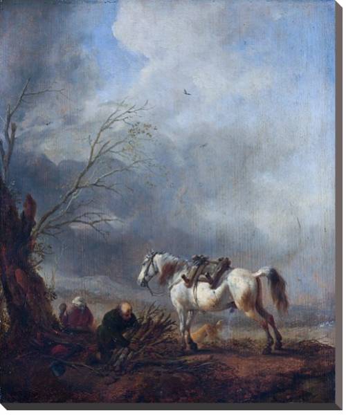 Постер Белая лошадь и престарелый мужчина, связывающий дрова с типом исполнения На холсте без рамы