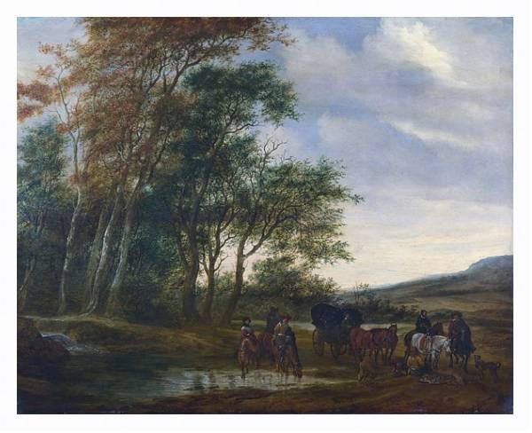 Постер Пейзаж с каретой и всадником у пруда с типом исполнения На холсте в раме в багетной раме 221-03