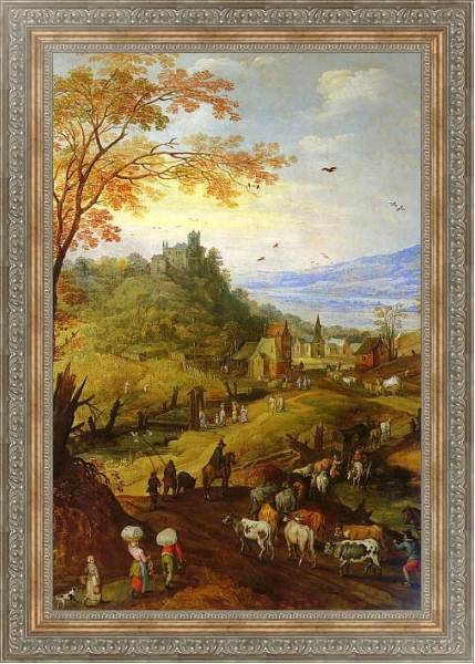 Постер Горный пейзаж со скотом на дороге с типом исполнения На холсте в раме в багетной раме 484.M48.310