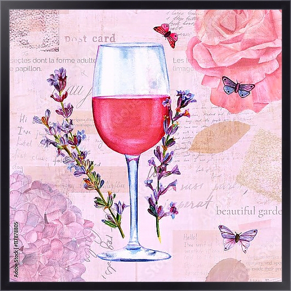 Постер Бокал с вином и цветами лаванды с типом исполнения На холсте в раме в багетной раме 221-01