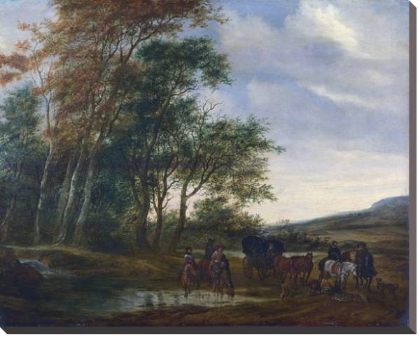 Постер Пейзаж с каретой и всадником у пруда с типом исполнения На холсте без рамы