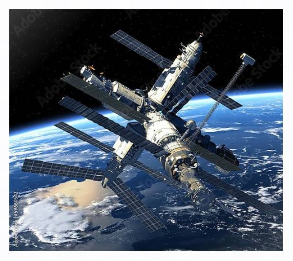 Постер Космическая станция на орбите планеты Земля с типом исполнения На холсте в раме в багетной раме 221-03