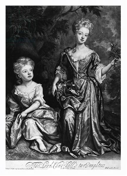 Постер The Lord Churchill's two Daughters, mezzotint by John Smith, c.1690 с типом исполнения На холсте в раме в багетной раме 221-03