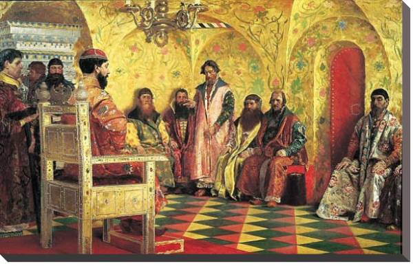 Постер Сидение царя Михаила Федоровича с боярами в его государевой комнате. 1893 с типом исполнения На холсте без рамы