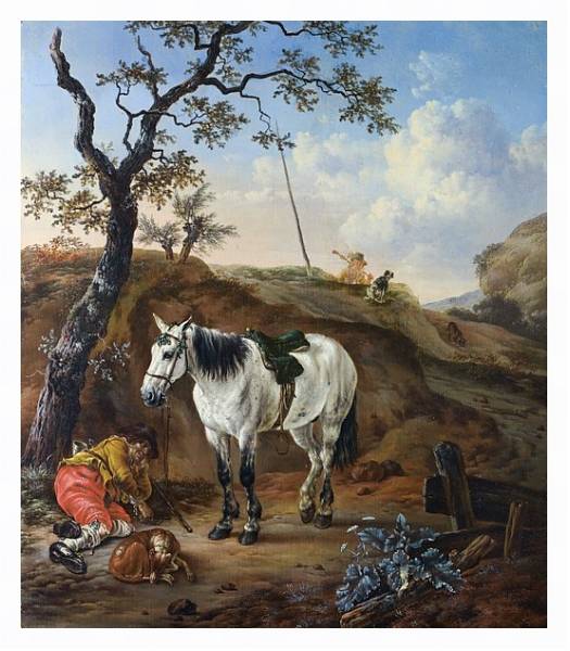 Постер Белая лошадь у спящего мужчины с типом исполнения На холсте в раме в багетной раме 221-03