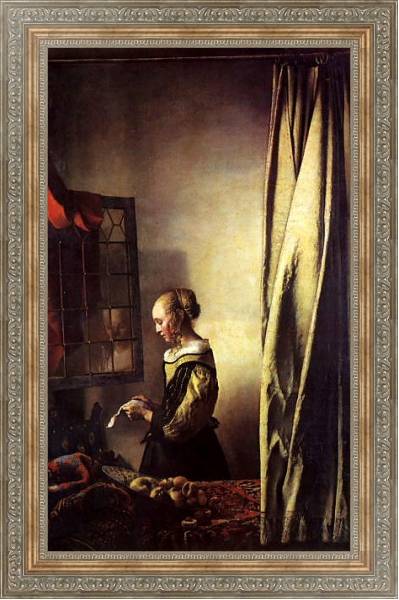Постер Девушка у открытого окна, читающая письмо с типом исполнения На холсте в раме в багетной раме 484.M48.310