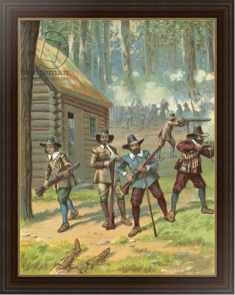 Постер The Pilgrims Fighting the Indians с типом исполнения На холсте в раме в багетной раме 1.023.151