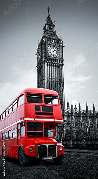 Постер Лондон, Англия. Красный автобус и Биг Бен с типом исполнения На холсте без рамы
