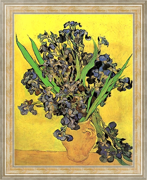 Постер Натюрморт: ваза и ирисами на желтом фоне с типом исполнения На холсте в раме в багетной раме NA053.0.115