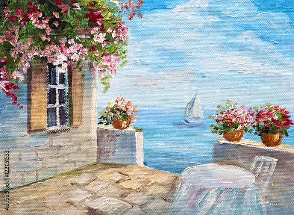 Постер Дом у моря с цветником с типом исполнения На холсте без рамы