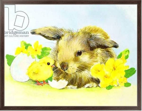 Постер Easter bunny with primrose and chick с типом исполнения На холсте в раме в багетной раме 221-02