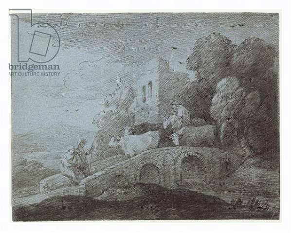 Постер Wooded Landscape with Herdsman Driving Cattle с типом исполнения На холсте в раме в багетной раме 221-03