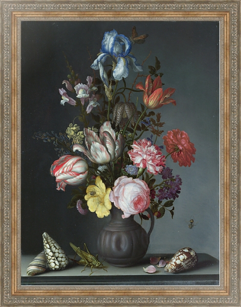 Постер Цветы в вазе с ракушками и насекомыми с типом исполнения На холсте в раме в багетной раме 484.M48.310