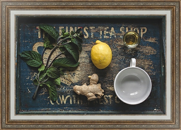 Постер Чай с лимоном, мятой и имбирным корнем с типом исполнения На холсте в раме в багетной раме 595.M52.330