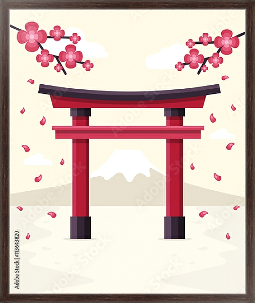 Постер Японские ворота Тории на фоне горы Фудзи с типом исполнения На холсте в раме в багетной раме 221-02