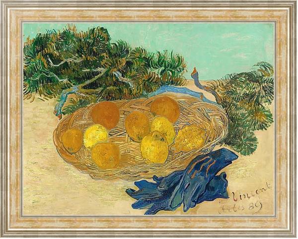 Постер Натюрморт с апельсинами, лимонами и синими перчатками с типом исполнения На холсте в раме в багетной раме NA053.0.115
