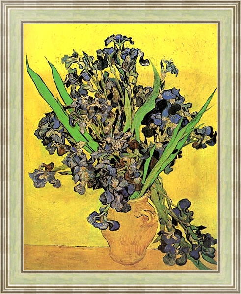 Постер Натюрморт: ваза и ирисами на желтом фоне с типом исполнения На холсте в раме в багетной раме NA053.0.113