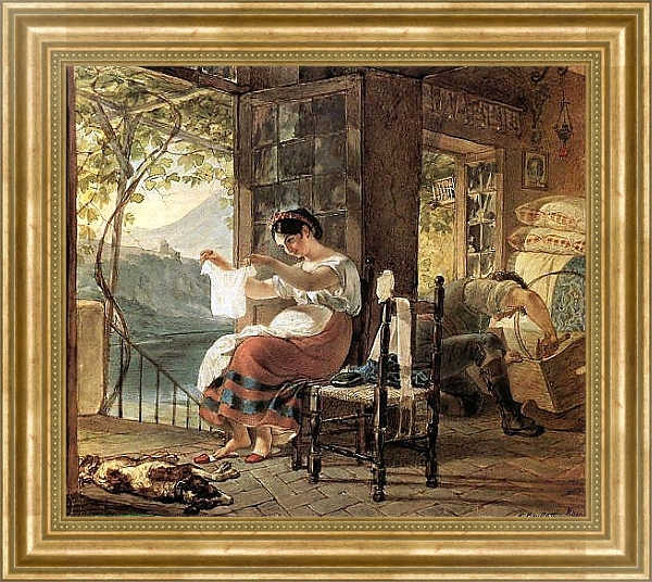 Постер Итальянка, ожидающая ребенка, разглядывает рубашку, муж сколачивает колыбель. 1831 с типом исполнения На холсте в раме в багетной раме NA033.1.051