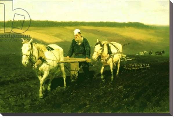 Постер The writer Lev Nikolaevich Tolstoy ploughing with horses, 1889 с типом исполнения На холсте без рамы