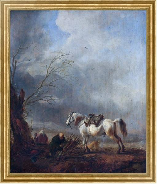 Постер Белая лошадь и престарелый мужчина, связывающий дрова с типом исполнения На холсте в раме в багетной раме NA033.1.051