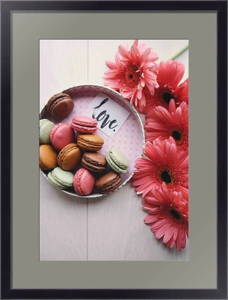 Постер Цветы и печенье макарон с типом исполнения Под стеклом в багетной раме 221-01