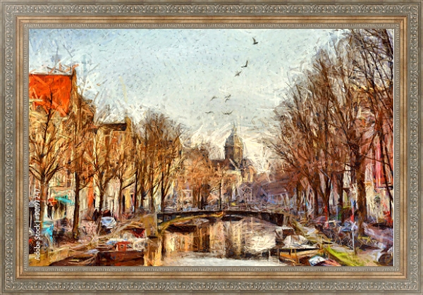 Постер Амстердамский канал на утренней городской улице с типом исполнения На холсте в раме в багетной раме 484.M48.310