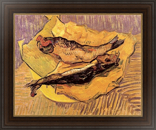 Постер Натюрморт: копченая селедка на куске желтой бумаги с типом исполнения На холсте в раме в багетной раме 1.023.151