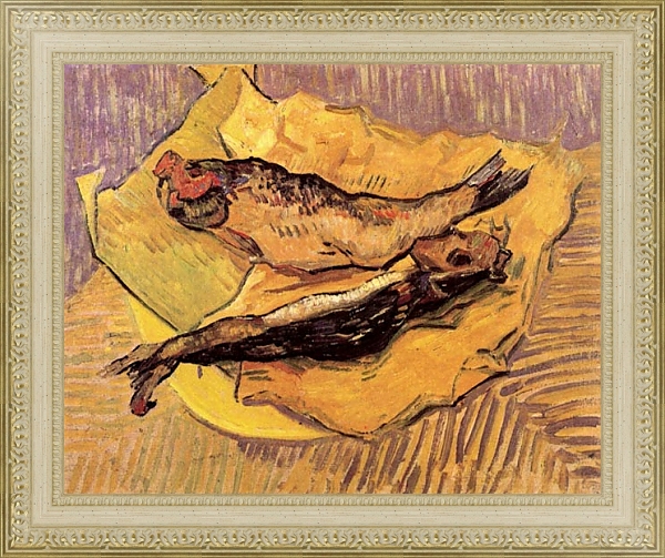 Постер Натюрморт: копченая селедка на куске желтой бумаги с типом исполнения На холсте в раме в багетной раме 484.M48.725
