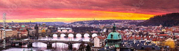Постер Чехия, Прага. Закат над центральной частью с типом исполнения На холсте без рамы