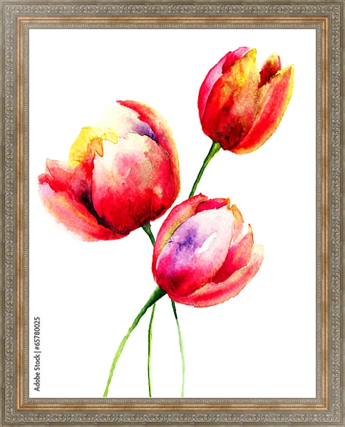 Постер Акварель. Красные тюльпаны с типом исполнения На холсте в раме в багетной раме 484.M48.310