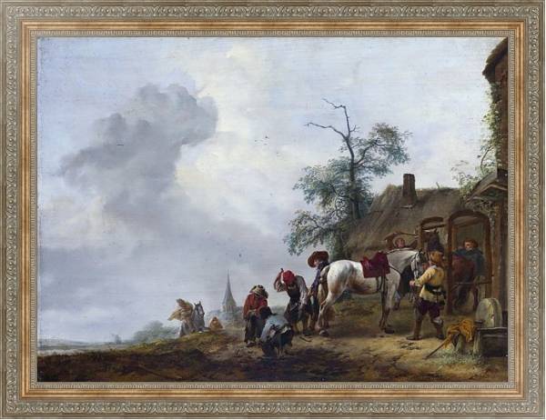 Постер Подковывание лошади у деревенской кузницы с типом исполнения На холсте в раме в багетной раме 484.M48.310