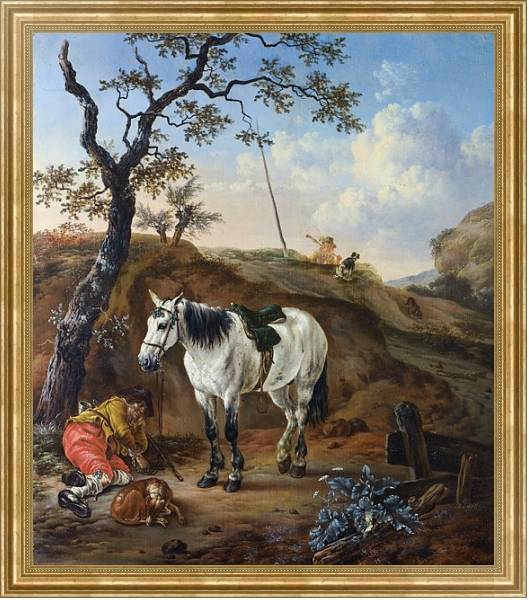 Постер Белая лошадь у спящего мужчины с типом исполнения На холсте в раме в багетной раме NA033.1.051