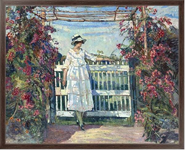 Постер Молодая женщина в саду с розами с типом исполнения На холсте в раме в багетной раме 221-02
