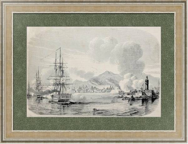 Постер Palermo bombardment in 1860 by Bourbon's fleet and from the Sea castle. Original, from a drawing of  с типом исполнения Акварель в раме в багетной раме 485.M40.584