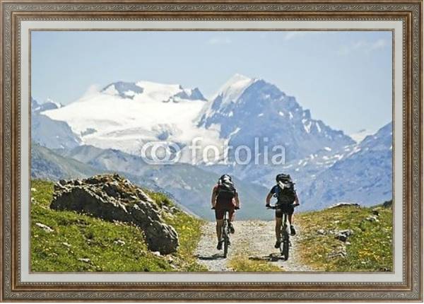 Постер Велосипедисты на фоне горы Ортлер, Италия с типом исполнения На холсте в раме в багетной раме 595.M52.330