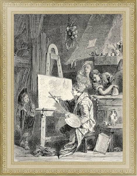 Постер Painter workshop. Engraved by Dutheil-Ecosse, after tablet of Boucher in Khalil-Bey gallery. Publish с типом исполнения Акварель в раме в багетной раме 484.M48.725