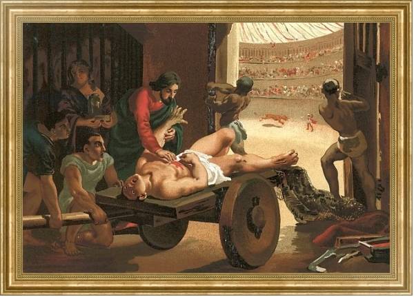 Постер Galen assisting a gladiator, wounded in the circus of Bergamo с типом исполнения На холсте в раме в багетной раме NA033.1.051