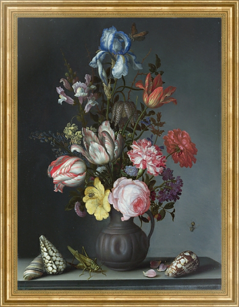 Постер Цветы в вазе с ракушками и насекомыми с типом исполнения На холсте в раме в багетной раме NA033.1.051