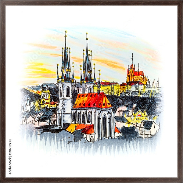 Постер Старый город с храмом на закате в Праге, Чехия, эскиз с типом исполнения На холсте в раме в багетной раме 221-02