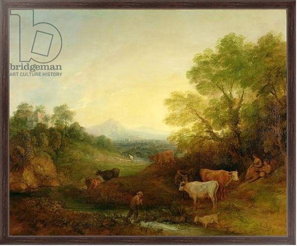 Постер A Landscape with Cattle and Figures by a Stream and a Distant Bridge, c.1772-4 с типом исполнения На холсте в раме в багетной раме 221-02